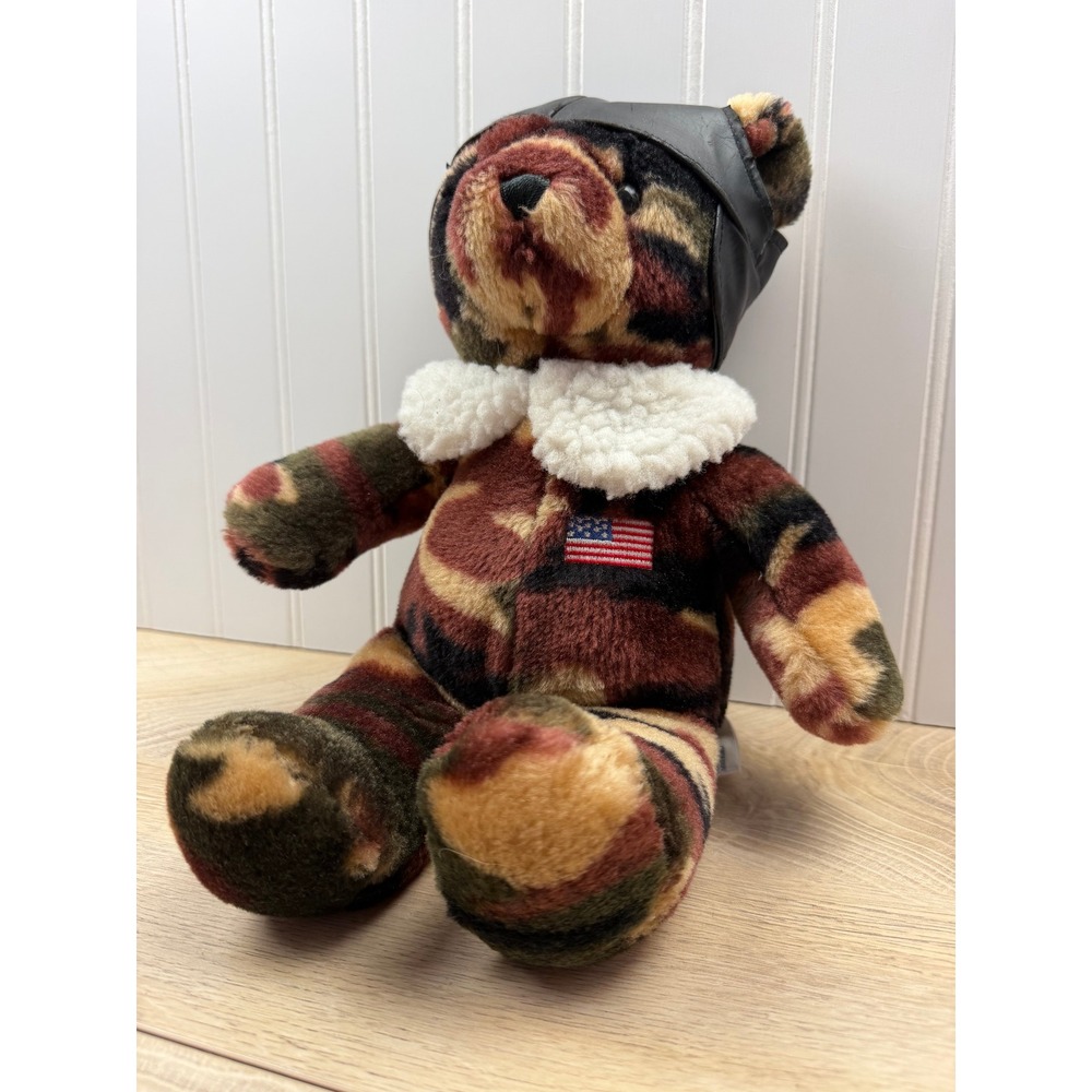 SKM Enterprises Vintage Camo Teddy Bear Pilot Aviator Hat USA Flag Plush 12 Inch - Picture 4 of 15